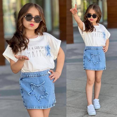 Kız Çocuk "Happy Day" Baskılı Tişört & Yıldız Desenli Kot Etek 2’li Takım 2535