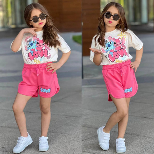 Kız Çocuk Stitch Baskılı Love Tişört ve Şort Takımı - Mavi & Beyaz 7207P