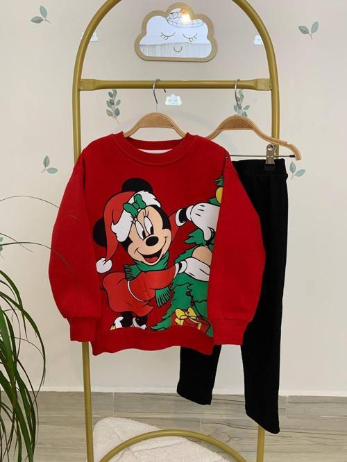 Kız Çocuk 3 İplik Şardonlu Alt Üst Taytlı Takım Yılbaşı Yeni Yıl Temalı 16088