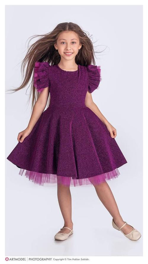 Kız Çocuk Özel Gün Simli Abiye Elbise 167372 MOR