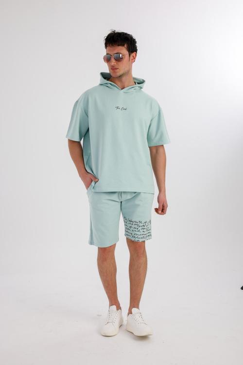OCEANO Kapüşonlu Sweatshirt & Şort Takım - Açık Yeşil