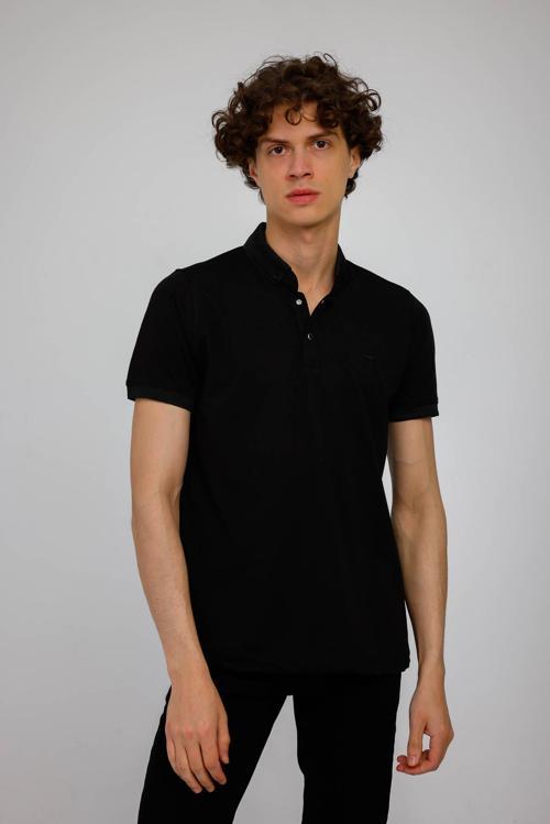 HORIZON Polo Yaka Pamuklu Tişört - Siyah