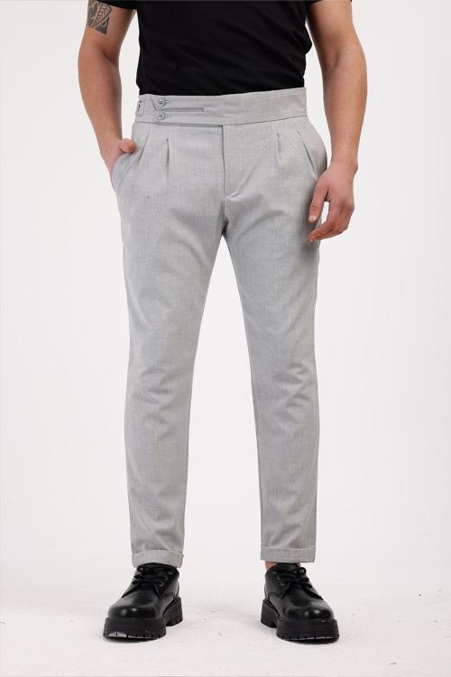 TERRALIS Düğme ve Kemer Detaylı Kumaş Pantolon - Gri