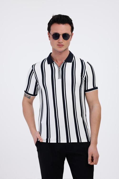 LUXOR Polo Yaka Çizgili Pamuklu Tişört - Beyaz