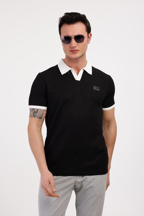 GALAXY Polo Yaka Pamuklu Tişört - Siyah