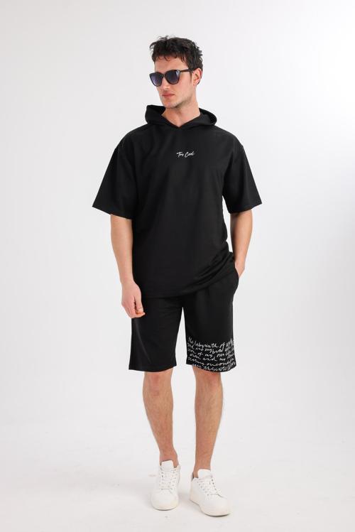 OCEANO Kapüşonlu Sweatshirt & Şort Takım - Siyah