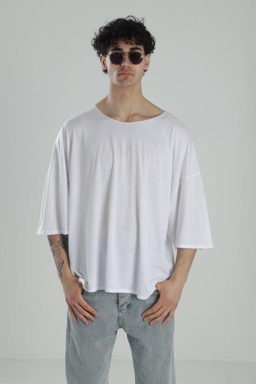 Fakir Kol Beyaz Oversize Viscon T-Shirt
