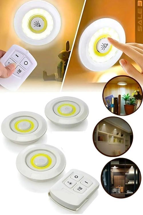 3 Lü Kumandalı Spot Lambalar Led Lamba Yapışkanlı Kablosuz Işıldak Pilli Mutfak Rafı Dolap Işığı