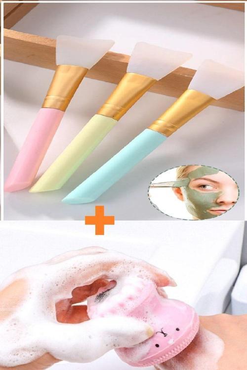3 Lü Set - Mini Peeling Etkili Yüz Cilt Temizleme Silikon 2Li Silikon Maske Sürme Spatulası