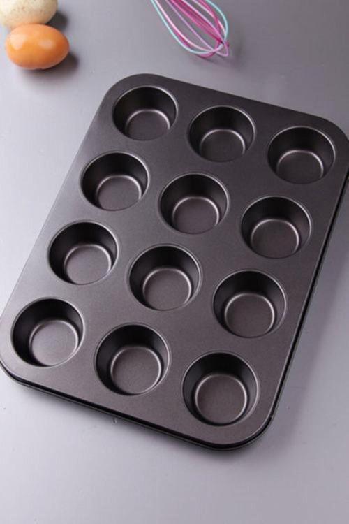 12'Li Muffin Kalıbı - 12 Bölmeli Teflon Yapışmaz Kek Kurabiye Muffin Yapma Kalıbı