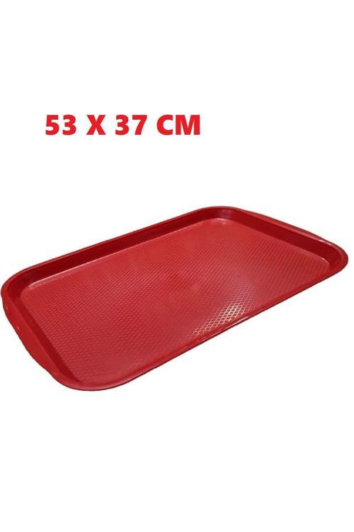 Büyük Boy Kırmızı Plastik Servis Tepsisi  Kırılmaz Lokanta Büfe Fast Food Kullanım ( 53 X37 Cm)