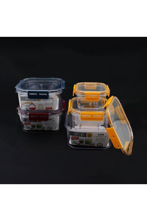 3 Parça  Kare Mika Saklama Kabı Seti Silikon Contalı Kapak 400-900-1800Ml (4415)