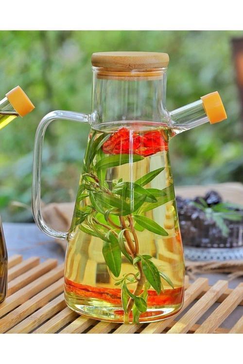 900 Ml Cam Yağdanlık - Sirkelik - Bambu Kapak Isıya Dayanıklı Cam Yağ Şişesi
