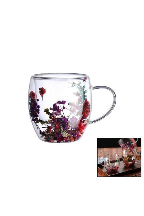 240Ml - Geniş - Kalpli Çift Cidarlı - Çiçek Süslü Termisil - Isıya Dayanıklı Cam Bardak (4415)