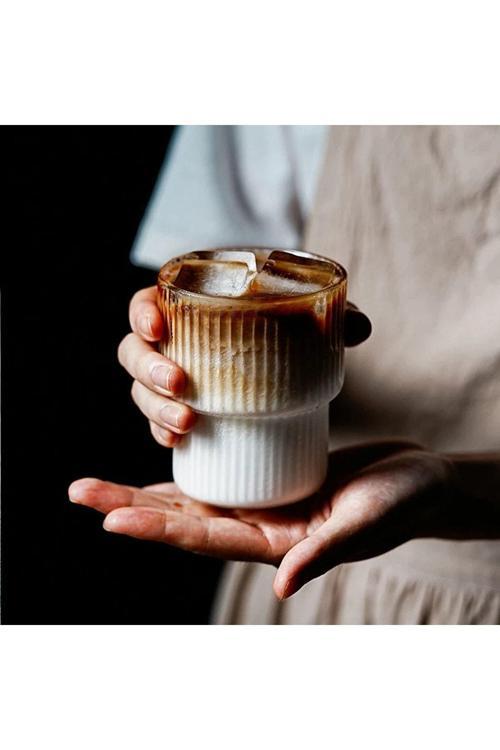 250 Ml Çizgili Kirigami Stil Şeffaf Isıya Dayanıklı Borosilikat Cam Bardak Kahve Sunum Bardağı