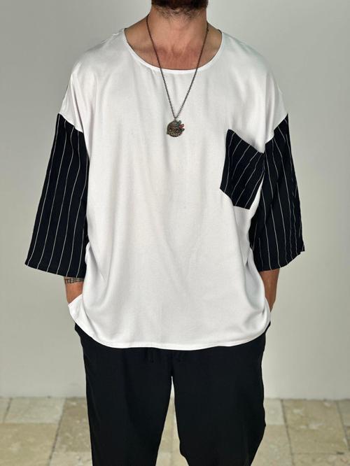 Fakir Kol Viscon Siyah Beyaz Oversize T-Shirt