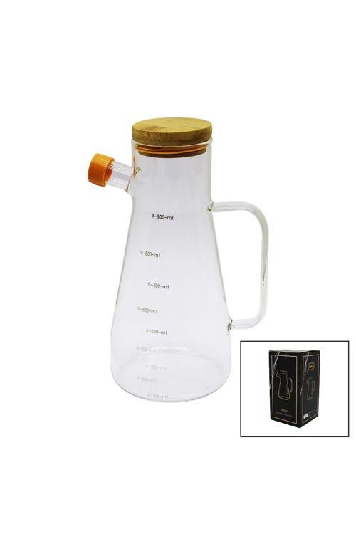 Damlatmaz Cam Yağdanlık Bambu Kapaklı Ölçekli 900Ml (4415)