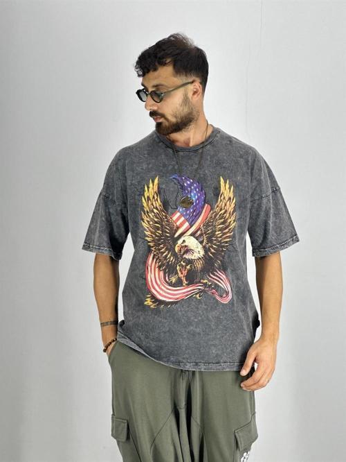 Erkek Yıkamalı Kumaş Baskılı T-Shirt