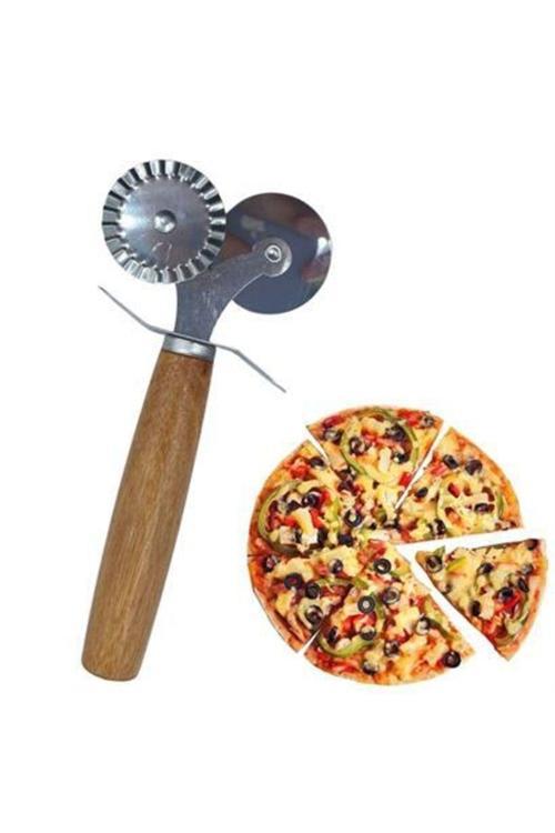 Ahşap Saplı 2Li Hamur Kesme Ruleti Düz Ve Dalgalı -Tırtıklı Pizza Börek Kesici Aparatı