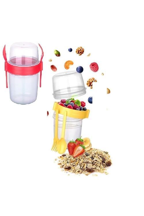 Çift Hazneli - Çatal Kaşıklı Portatif Müsli -Atıştırmalık Kabı 650 Ml