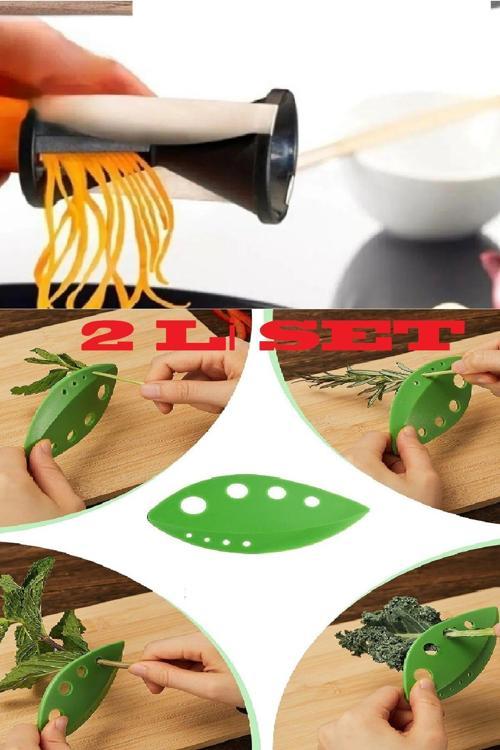 2Li Set Spiral Sebze Doğrayıcı Spagetti Jülyen Kesici + Ot Sap Ayıklayıcı Aparat Maydanoz Nane Vs