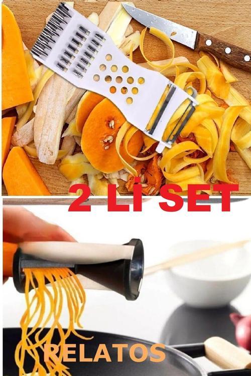 2Li Set Zoodle Slicer Spiral Sebze Doğrayıcı Jülyen Kesme Aleti + Soyacaklı Rende Tırtıklı Patates
