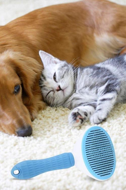 Kedi Köpek Tüy Toplayıcı Kendini Temizleyebilen Ergonomik Saplı Kullanımı Rahat Tarak Mavi
