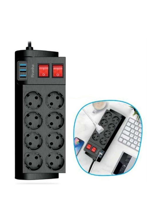 Isıya Dayanıklı Termal Akım Korumalı 2 Metre 16A 4000W 8Li Priz Ve 3 Usb Li Uzatma Kablosu (4415)