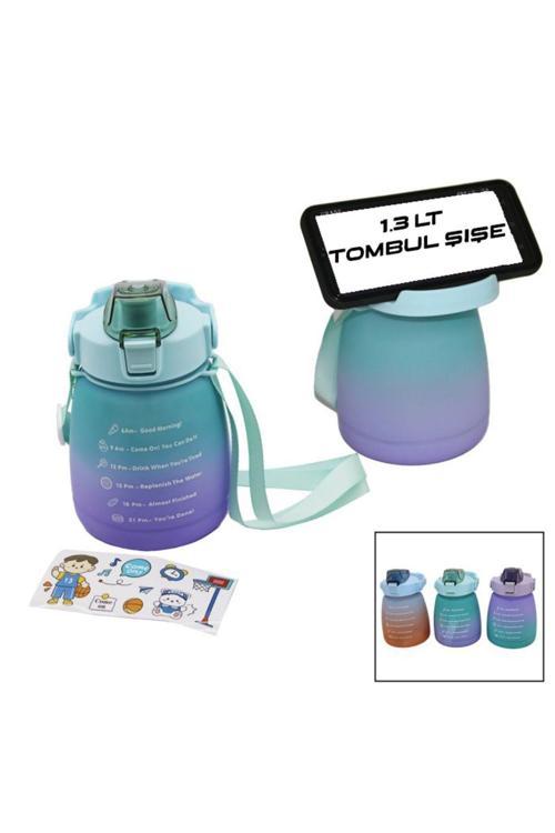 1.3Lt - Tombul Pipetli Renkli Plastik Suluk Matara Kilitli Kapaklı - Telefonluklu (4415)