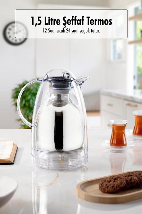 1.5 Lt Isı Yalıtımlı Çay Ve Soğuk Su Termosu Şeffaf (12 Saat Sıcak Tutar& İçi Camdır)