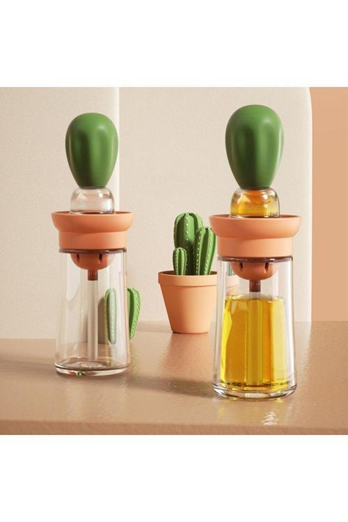 Kaktüs Yağdanlık 2 İn 1 Silikon Fırçalı Cam Yağdanlık Yumurta Ve  Sos Fırçası 150 Ml