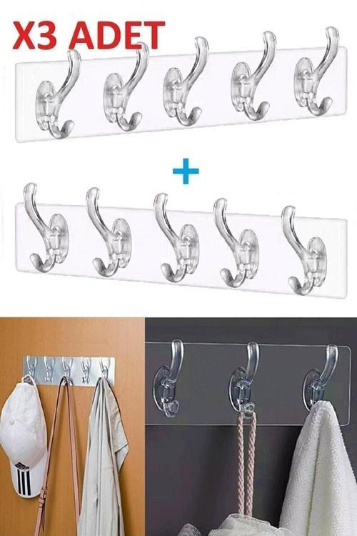 3 Adet Kendinden Yapışkanlı Güçlü Şeffaf 5'Li Askılık - Kapı Arkası Mutfak Duvar Banyo