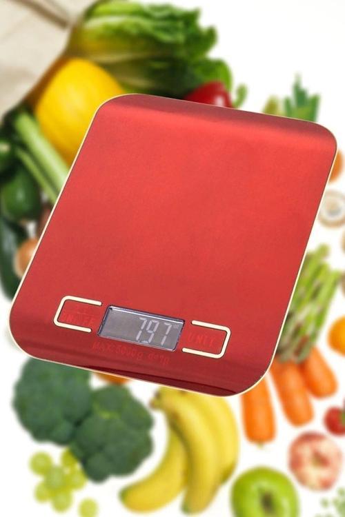 Kırmızı Platin Mutfak Tartısı Hassas Ölçümlü Maksimum 5 Kg Kapasiteli Led Ekran Dijital Pil Dahil