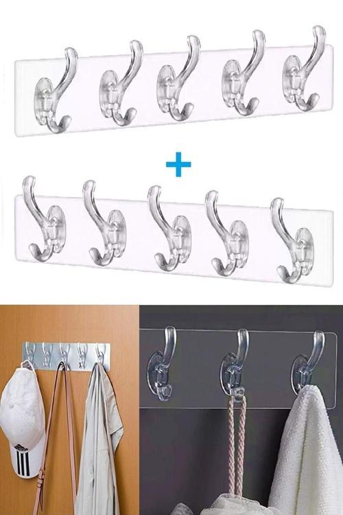 2 Adet Şeffaf Askılık Duvar Askısı 5'Li Iz Bırakmayan Güçlü Yapışkanlı Banyo Mutfak Kanca