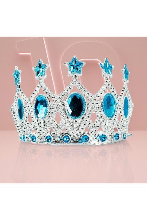Çocuk Kraliçe Tacı - Mavi Yıldız İşlemeli Prenses Tacı 15X7 Cm (4415)