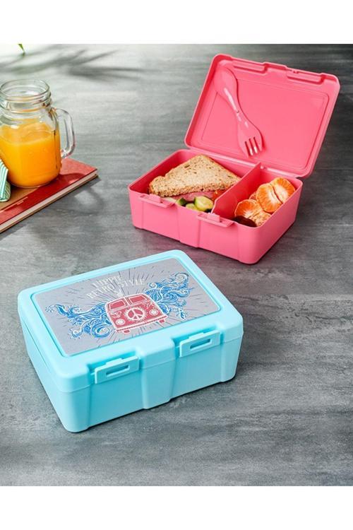2 Bölmeli Çatal Kaşıklı Desenli Beslenme Kabı - Diyet Kabı - Büyük Boy