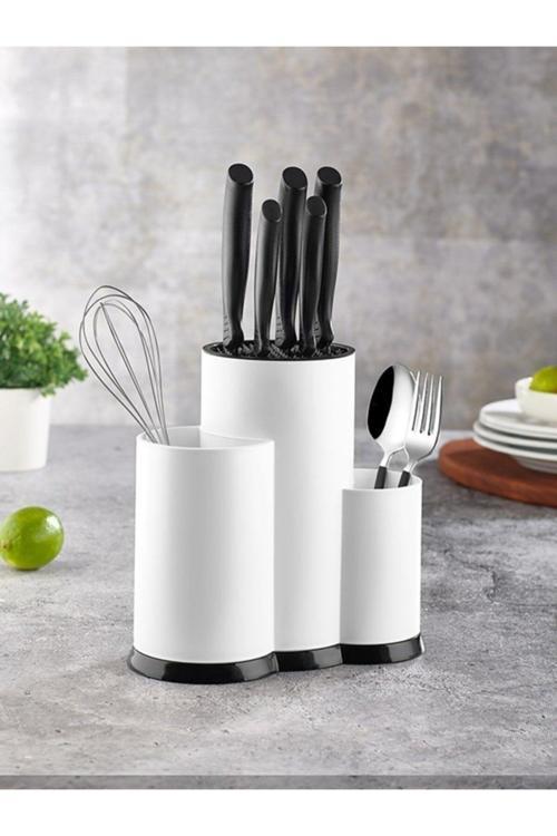 3 Bölmeli Kaşıklık - Şef Bıçaklık Standı Tezgahüstü Bıçak Tutucu Stand