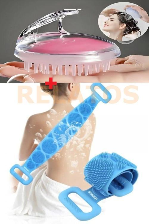 2 Li Duş Banyo Kese Lif Seti - Şampuan Hazneli Silikon Duş Fırçası 70 Cm Silikon Sırt Kesesi