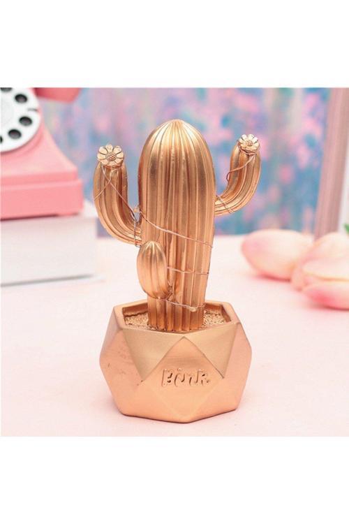 Led Işıklı Sevimli Kaktüs Dekoratif Masa Lambası Mini Biblo Gece Lambası-Gold (4415)