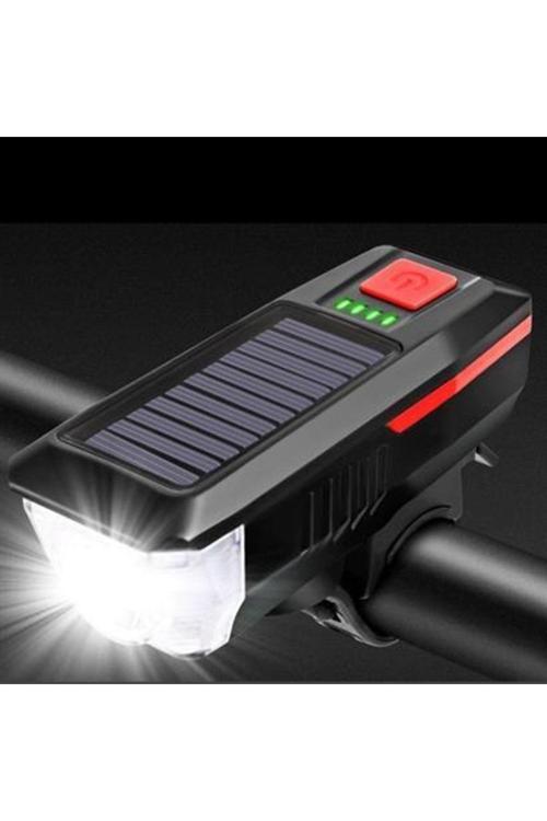 Ledli Bisiklet Feneri Solar Enerjili Usb Ile Şarj Edilebilir Kornalı Ve Su Geçirmez Far