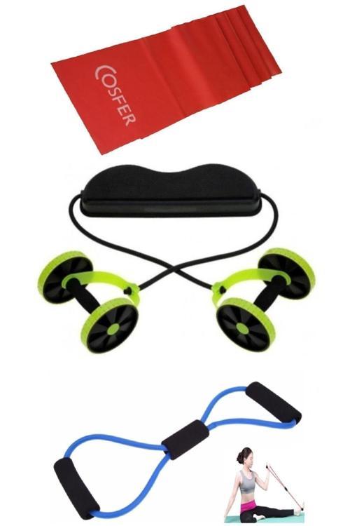 3 Lü Fitness Kondisyon Seti - Tekerlek Spor Aleti-Direnç Lastiği - Plates Bandı Tekebat