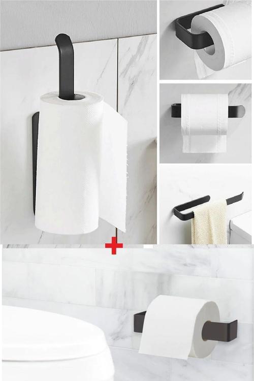 2 Li Set Mat Siyah Metal Kağıt Havlu Askısı Ve Tuvalet Kağıtlığı Vida Veya Yapıştırmalı  Set