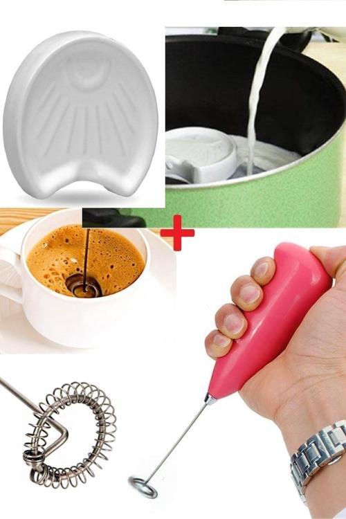 2 Li Set Süt Köpürtücü Pilli Mikser Süt Taşırmaz Milk Saver Süt Taşma Önleyici Seramik Süt Taşı