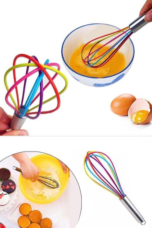Silikon Uçlu Çırpıcı Metal Saplı Renkli Yumurta Çırpma Teli Kek Pasta Hamur Karıştırıcısı Aparatı