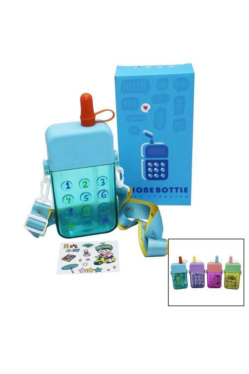 Telefon Modeli Renkli Mika Kristal Suluk Matara Pipetli - Vidalı Kapak - Askılı 300Ml (4415)