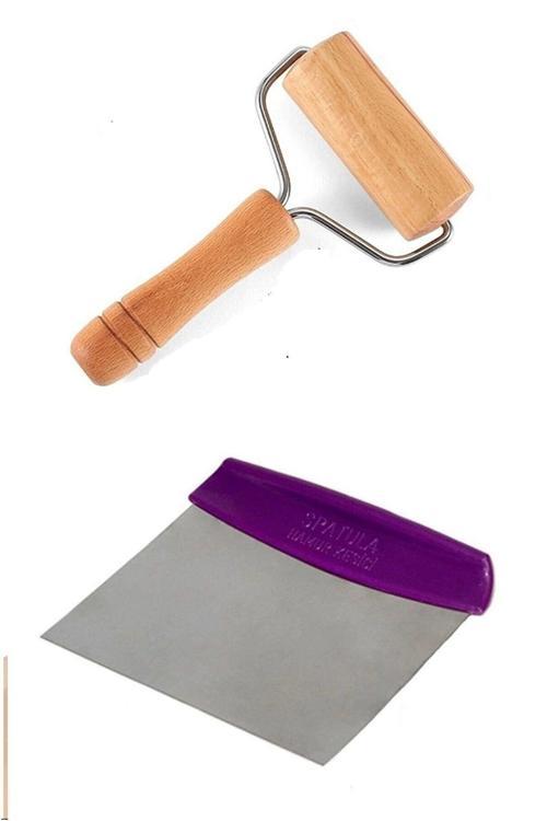Mutfak Merdane- Spatula Seti - Ahşap Rulo Hamur Açıcı, Şekillendirici Pizza Oklavası - Metal Spatula