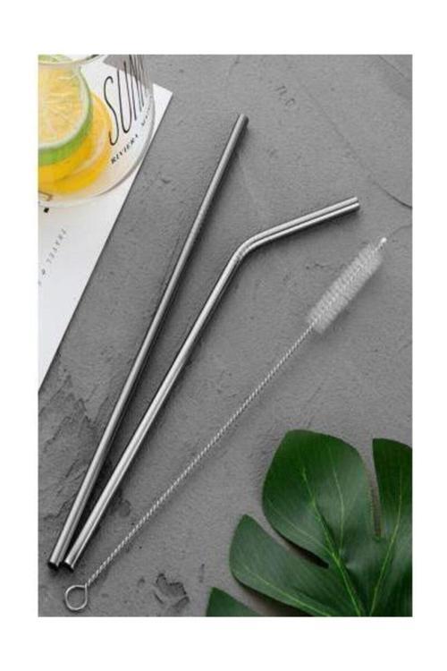 Paslanmaz Çelik Pipet Seti ( 2 Adet Çelik Pipet Pipet Temizleme Fırçası) Eğik Ve Düz Içecek Pipeti