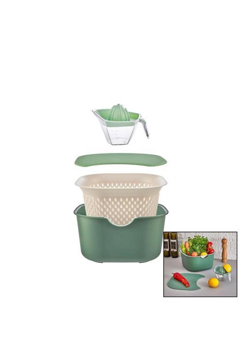 Yeşil 5Pcs Mutfak Seti Pls.Karıştırma Kap=4Lt - Süzgeç=3.5Lt - Kesim Pano - Sıkacak=0.25Lt (4415)