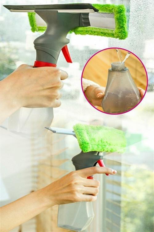 Spreyli Su Hazneli Mikrofiber Cam Silme Mopu Çekçekli Cam Silme Temizleme Aparatı Tetikli