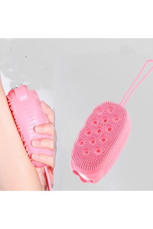 Süngerli Silikon Duş Fırçası - Peeling Banyo Kesesi Pembe